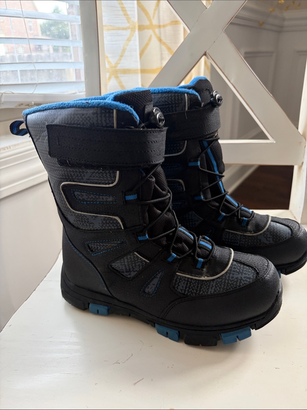 Kids Waterproof Snow Boots in Black with Blue Trim